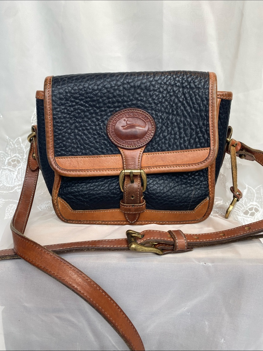Vintage Dooney & Bourke Surrey Black Pebble Leather Crossbody with Brown Trim